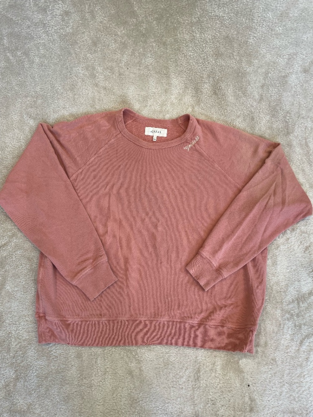 The Great, personalized, distressed sweatshirt. Size 2 (M). Color Pink